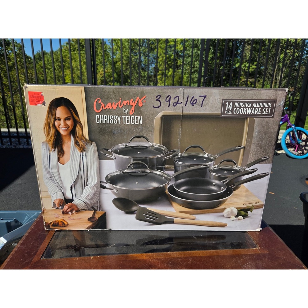 Cravings by Chrissy Teigen 14 Piece Nonstick Aluminum Cookware Set Charcoal Gray